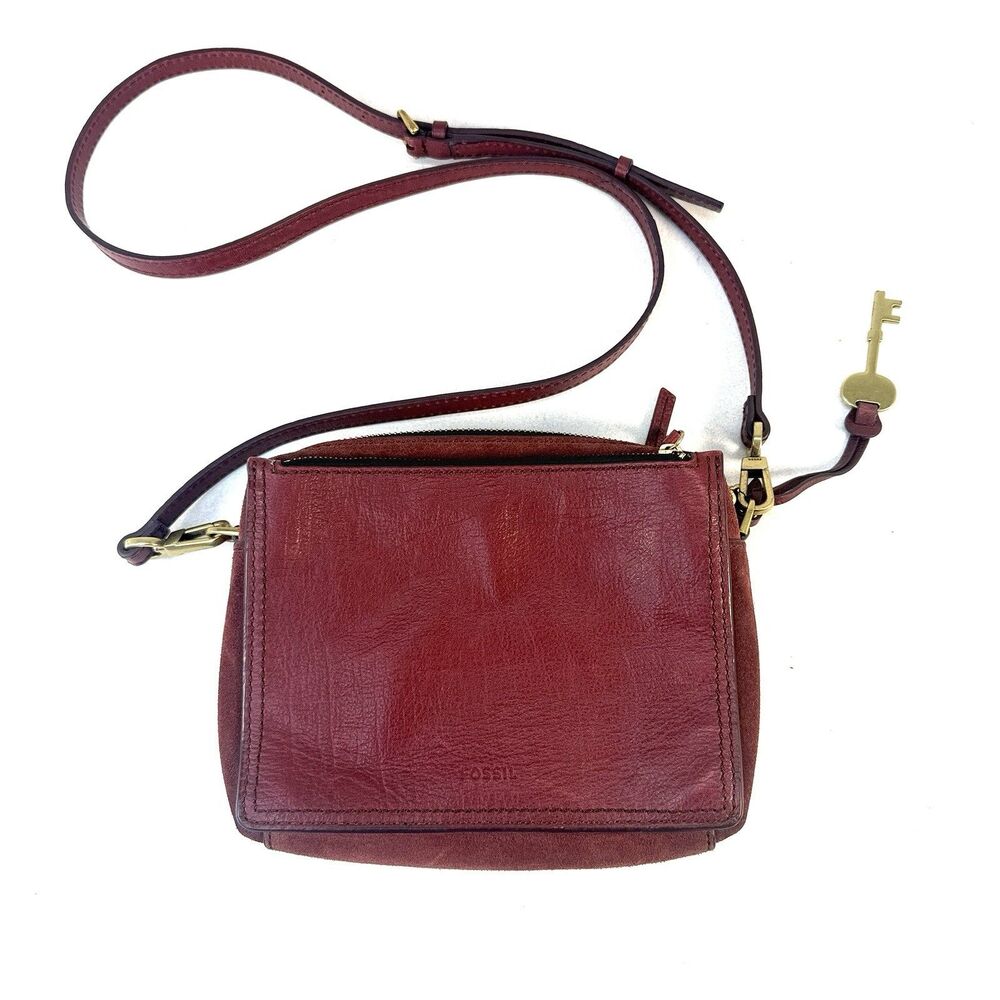 Fossil Campbell Purse Red Burgindy Leather and Suede Sling Bag Crossbody